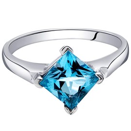 PEORA Swiss Blue Topaz Engagement Ring for Women 925 Sterling Silver, Classic Solitaire, Natural Gemstone, 2 Carats Princess Cut 7mm, Size 8, Engagement, Promise, Statement Ring, w/Jewelry Box
