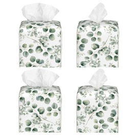 Edafol Eucalyptus Leaves Leaf Tissue Box Cover Square PU Leather Waterproof Tissue Box Holder for Car Bathroom Bedroom Office Tabletop Decor