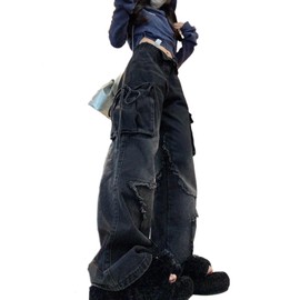 Women's Five Point Star Work Dress Jeans Multi Pocket High Waist Loose Y2K Drop Feel Jeans Gothic Wide Leg Pants (Black,Small)