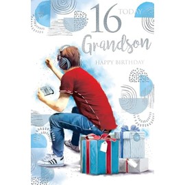 Grandson 16th 16 Today Gaming & Presents Design Happy Birthday Card Lovely Verse