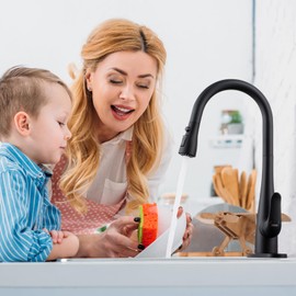 HGHGK Kitchen Faucet with Soap Dispenser and Pull Down Sprayer - Stainless Steel Single Handle Kitchen Sink Faucet, 1 or 3 Hole Design for Modern Farmhouse Kitchens, Rv, and Bar Sinks (Matte Black)