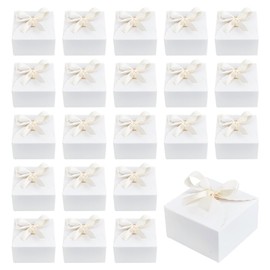 PH PandaHall 30pcs Gift Boxes White Paper Box Foldable Candy Box Small Party Favor Box Gift Packaging Boxes with Ribbon for Candy Cookie Cupcake Proposal Wedding Gifts, 9x9x5 cm