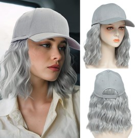 AliRobam Synthetic Wig Hat with Natural Wave Hair Extensions Attached for Woman Baseball Cap Wig Short Grey Curly Wavy Hairstyle Adjustable Daily Outdoor Use (Grey, 14inch)