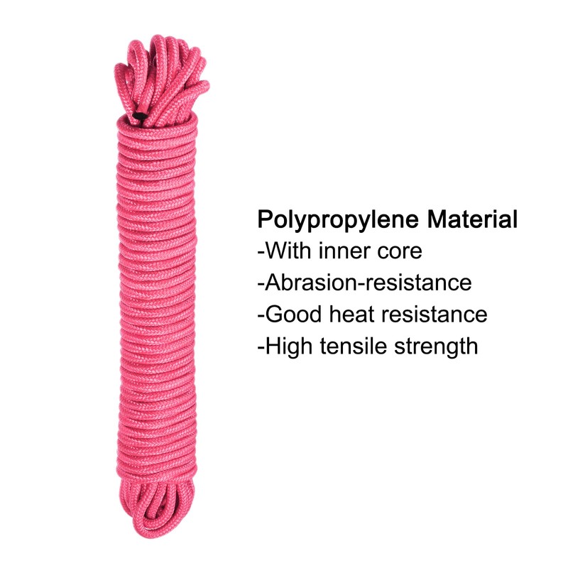 sourcing map Polypropylene Rope Braid Cord 12M/39.4ft 1/4" Pink for