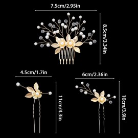 5Pcs Bridal Wedding Hair Pieces for Brides, Gold Leaf Flower Crystal Pearl Hair Pins Forks for Wedding Prom, Headpiece Vintage Hairs Accessories Jewelry with Rhinestone for Brides Bridesmaids F