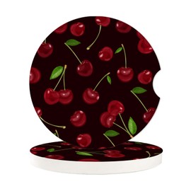 Red Cherry Absorbent Car Cup Coasters,Cup Holders,Cork Base Drink Coasters with Finger Notch for Easy Move of Car Cup Holder for Women Men 2.6"(2 Pieces)