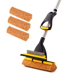 Yocada Sponge Mop Home Commercial Use Tile Floor Bathroom Garage Cleaning Total 3 Sponge Heads Squeegee and Extendable Telescopic Long Handle 42.5 to 52 Inches Easily Dry Wringing Only 3 Heads