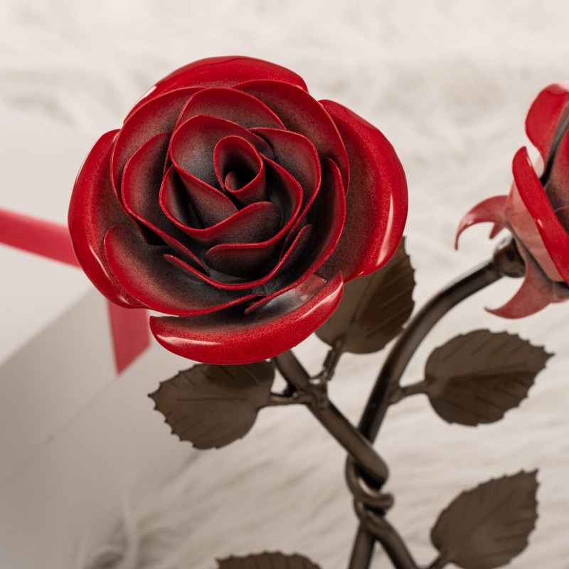 Hand-Forged Wrought Iron Double Red Metal Rose with Twist -