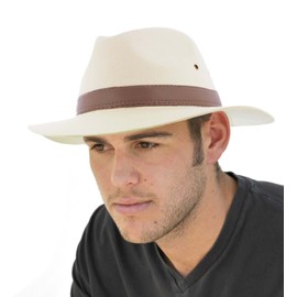 Dannii Matthews Stylish Men's Cotton Fedora with Brown Faux Leather Band, Natural, 59cm