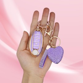 Meruns Compatiable with Nissan 5 Buttons key fob cover with Diamond Bling Keychain, Car Accessories Keys Shell TPU for Altima Sentra Rogue Pathfinder Murano Armada Maxima Versa Smart Key,Gold Purple