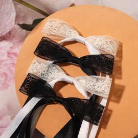 Hebterrka Pack of 4 Hair Bows Hair Clips Black and White Fur Pompoms Women Hair Accessories Lace Hair Bows Birthday Gifts Party Hair Clips