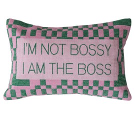 Creative Co-Op Cotton Velvet Embroidered Lumbar Pillow with Check Pattern I'm Not Bossy, Green/Pink