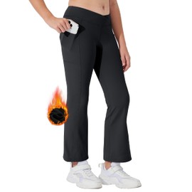 Willit Girls' Fleece Lined Pants Yoga Crossover Leggings Bootcut Thermal Winter Pants Water Resistant Black XS
