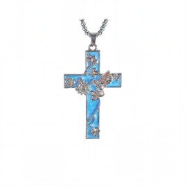 Decorative Cross Pendant Necklace, Blue Enamel with Silver Chain, 18inch, Metal, No Gemstone