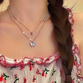 Atentuyi Boho Layered Cz Butterfly Choker Necklace Silver Tiny Crystal Butterfly Pendant Necklace Rhinestones Butterfly Necklace Double Chain Necklace Jewelry for Women and Teen Girls