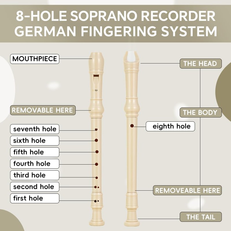 Recorder Instrument, 8 Hole Flute Plastic German Fingering, Soprano Recorder