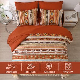 California King Comforter Set Size, Burnt Orange Striped Cali King Bed Set Bedding Sets Terracotta 7 Pieces Boho Bed in a Bag with Comforter Sheets Aztec for Winter Fall Women