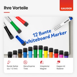 GAUDER Whiteboard Marker Set (12 Pieces) | Whiteboard Pens (12 Colours) | Dry and Residue-Free Wipe | Dry Erase Marker with Sponge Ideal for Whiteboards and Magnetic Boards