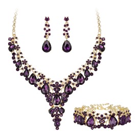 EVER FAITH Banquet Prom Jewelry Set for Women, Glamour Crystal Flower Round Teardrop Statement Necklace Dangle Earrings Bracelet Sets Dark Purple Gold-Tone