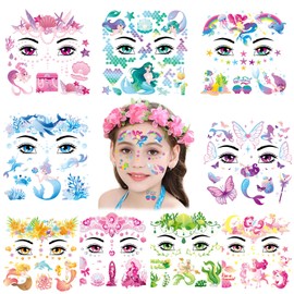 HOWAF 9 Sheets Mermaid Face Tattoos, Under The Sea Mermaid Temporary Tattoos for Girls Birthday Party Decorations, Mermaid Ocean Animal Face Painting Tattoos Stickers for Summer Party Supplies