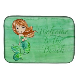 Caroline's Treasures BB8515DDM Mermaid Welcome Green Dish Drying Mat Absorbent Dish Drying Mat Pad for Kitchen Counter Dish Drainer Mat for Countertop, 14 x 21", Multicolor