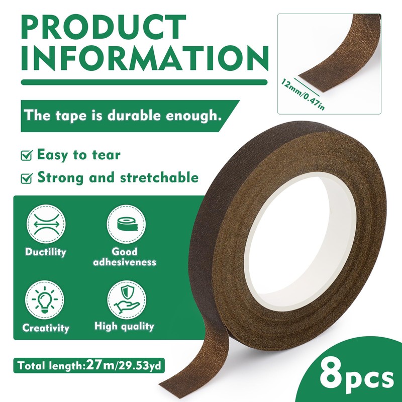 SOCNITC 8 Rolls Floral Tape, 1/2" by 240 Yard Brown