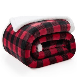 BEDELITE Sherpa Fleece Blankets Queen Size - Black and Red Buffalo Plaid Christmas Blanket, Super Soft Cozy Warm Thick Winter Blanket for Couch and Bed, 90" x 90"