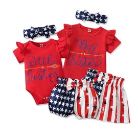 AMAWMW 4th Of July Big Sister Little Sister Matching Outfits Romper/Shirt+Shorts/Skirt+Headband Toddler Usa Flag Baby Girl Usa Flag Clothes