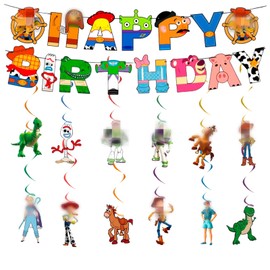 Luclay Toy Party Decorations, Party Tableware Set - 13Pcs Birthday Decorations, Toy Birthday Party Supplies, Happy Birthday Banner, Hanging Swirl for Boys Kids