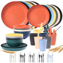 64PCS Wheat Straw Dinnerware Set for 8 BPA Free Kitchen Unbreakable Set for Home Outdoor Camping