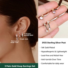 3 Pairs Gold Hoop Earrings Set for Women 14K Gold Plated Sterling Silver Post | Hoop, Stud Sets for Multiple Piercings | Huggie, Cartilage, Dainty Stacking Earrings