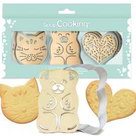 ScrapCooking Set of 3 Cookie Cutters + Wooden Embosser Cat Bear & Heart - Stainless Steel Cookie Cutter in Relief - Baking Accessories Sandblasted - 2111