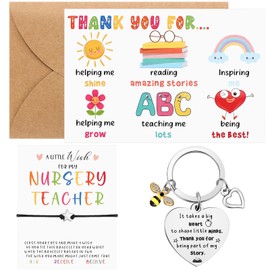 Otuuz 5 Pcs Thank You Teacher Gift Nursery Teacher Appreciation Gifts Include Thank You Cards with Envelopes Bee Stainless Inspirational Keychain Wish Bracelet for Women Staff Colleagues