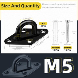 Mardatt 4 Pack M5 304 Stainless Steel Pad Eye Plate U Hooks, Marine Hardware Hook with Screws Anchors, Heavy Duty Ceiling Hooks Pad Eyes Plate, Black