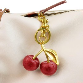 Quadafy 18K Gold Plated Cherry Keychain, Cherry Purse Charm Made of Metal Hardware and Glittering Resin, Cherry Charm, for Purse Charms, Handbag, Birthdays, Women's Gifts