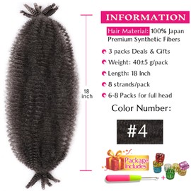 Afro Twist Hair 18 Inch 3 Packs, Springy Afro Twist Hair Pre Fluffed Spring Twist Hair Pre Separated Wrapping Hair for Soft Locs Hair Extensions (18 Inch (Pack of 3), 4#)