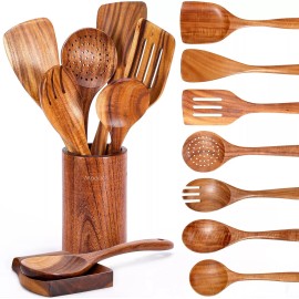 Mooues 9 Piece Natural Teak Wooden Spoon Set With Holder And Spoon Rest Kitchen Uten...