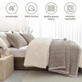 Sanracie Cotton Quilt King(110"x98"), Dark Khaki Colored Waffle Weave Quilt Set 3Pcs Soft Lightweight Breathable Farmhouse King Size Bedding Coverlet for All Seasons