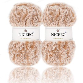 NICEEC 2 Skeins Super Soft Fur Yarn Chunky Fluffy Faux Fur Yarn Eyelash Yarn for Crochet Knit-Total Length 2×32m(2×35yds,50g×2)-Khaki