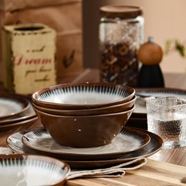 Gufaith Melamine Dinnerware Set, 12 Pcs Dishware Sets, Plate and Bowl Set Service for 4, Lightweight and Unbreakable Dinnerware Sets for Camping, Great for RV, Dishwasher Safe, Sahara Beige and Blue