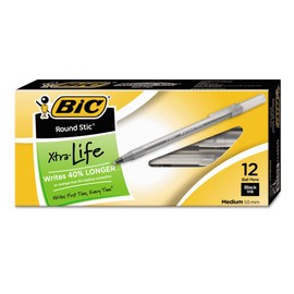 Bic Corporation Round Stic Ballpoint Pen, Med. Point, 12/BX, Black Ink