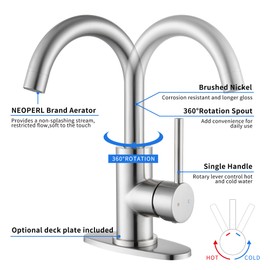 BRAVEBAR Brushed Nickel Bathroom Faucets 1 Hole - Waterfall Bathroom Sink Faucets Single Handle Vanity Faucet with Pop up Drain, Swivel Spout RV Faucets Small Bar Vanity Lavatory Bath Utility Faucet