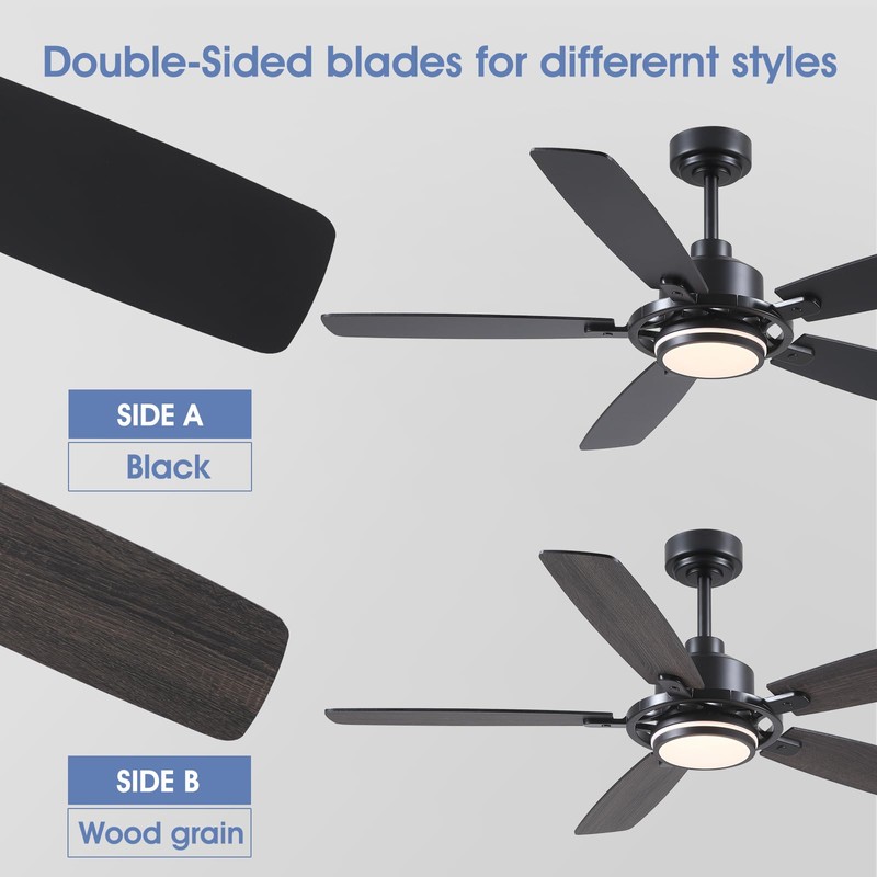 54" Black Ceiling Fans with Lights and Remote,Modern Led Ceiling