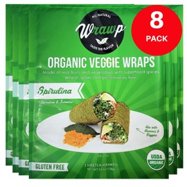 WrawP Organic Veggie Wraps - SPIRULINA (2 BULK bag equal to 8 pack) SHELF STABLE, All Natural, Gluten Free, Paleo, Raw Vegan. Perfect for Wraps, flat bread, snack, chips