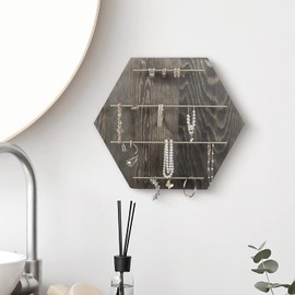 MyGift Vintage Style Gray Wood and Brass Tone Metal Hexagonal Jewelry Hanger Rack - 4 Tier Wall Mounted Necklace, Bracelet Storage Organizer Display Décor