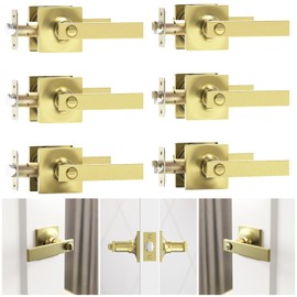 Voraus 6 Pack Brushed Gold Door Handles - Privacy Door Levers Set, Keyless Interior Door Knobs, Modern Heavy Duty Square Door Lock for Bedroom or Bathroom, Reversible for Left Right Sided Doors