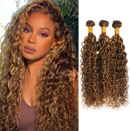 ALHER Honey Blonde Highlight Water Wave Balayage 3 Bundles 24 26 28 Inch, P4/27 Piano Brown Color Wet and Wavy Bundles for Black Women Soft Thick 10A 100% Brazilian Virgin Remy Hair