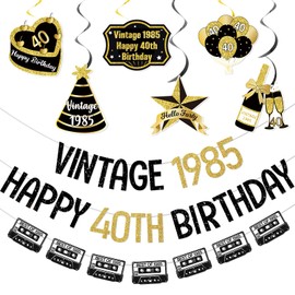 40th Birthday Decorations for Men, Vintage 1985 Happy 40th Birthday Banner Black Gold with Garland Hanging Swirls, Cheers to 40 Years Party Decor Sign