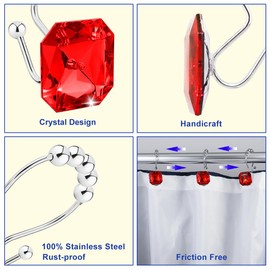 Yapicoco Shower Curtain Hooks Rings for Bathroom, 12PCS Double Hooks Glide Anti Rust Crystal Rhinestones Shower Curtain Rings Hangers for Shower Curtains, Clothing, Towels, etc. (Clear) (Red)