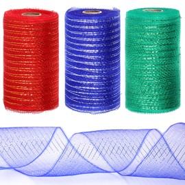 Tanstic 3 Rolls Mesh Ribbon, Christmas Deco Mesh Metallic Red Green Navy Blue Mesh Ribbon Rolls for Wreaths, Gift Wrapping, Party Decorations (6 Inches x 10 Yards Per Roll)